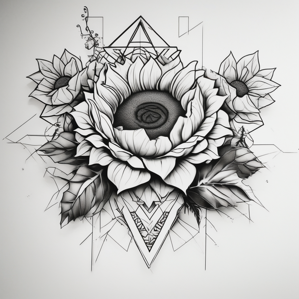 sunflower and roses floral sleeve tattoo glitter tattoo, AI-generated Geometric tattoo design